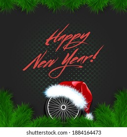 Merry Christmas and Happy New year. Bicycle wheel in a santa hat with branches of a Christmas tree and snowflakes. Greeting card design pattern. Vector illustration