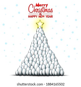 Merry Christmas and Happy New Year. Christmas tree made of Rugby balls. Snowflakes on the background. Greeting card design template with for new year. Vector illustration