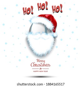Merry Christmas and Happy New Year. Santa in the form of a rugby ball. Rugby ball with beard and santa hat. Greeting card design template with for new year. Vector illustration