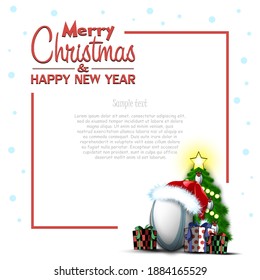 Merry Christmas and Happy New Year. Frame with rugby ball, Christmas tree and gift boxes. Greeting card design template with for new year. Vector illustration