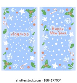 Merry Christmas And Happy New Year card with holiday lettering and traditional christmas elements.Cute illustration of funny cartoon style, Greeting card,postcard, print. Vector EPS10. Blue background