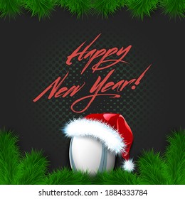 Merry Christmas and Happy New year. Basketball ball in a santa hat with branches of a Christmas tree and snowflakes. Greeting card design pattern. Vector illustration