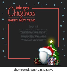Merry Christmas and Happy New Year. Frame with rugby ball, Christmas tree and gift boxes. Greeting card design template with for new year. Vector illustration