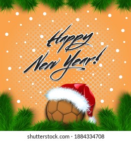 Merry Christmas and Happy New year. Handball ball in a santa hat with branches of a Christmas tree and snowflakes. Greeting card design pattern. Vector illustration