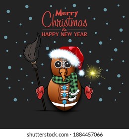 Merry Christmas and happy new year. Snowman from football balls with broom and sparklers on an isolated background. Design pattern for banner, poster, greeting card, invitation. Vector illustration