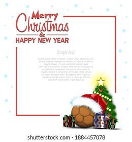 Merry Christmas and Happy New Year. Frame with handball ball, Christmas tree and gift boxes. Greeting card design template with for new year. Vector illustration