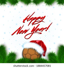 Merry Christmas and Happy New year. Handball ball in a santa hat with branches of a Christmas tree and snowflakes. Greeting card design pattern. Vector illustration