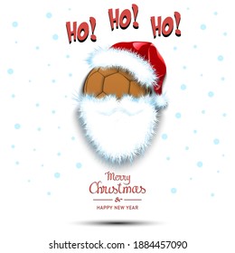 Merry Christmas and Happy New Year. Santa in the form of a handball ball. Handball ball with beard and santa hat. Greeting card design template with for new year. Vector illustration