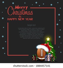 Merry Christmas and Happy New Year. Frame with football ball, Christmas tree and gift boxes. Greeting card design template with for new year. Vector illustration