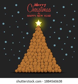 Merry Christmas and Happy New Year. Christmas tree made of handball balls. Snowflakes on the background. Greeting card design template with for new year. Vector illustration