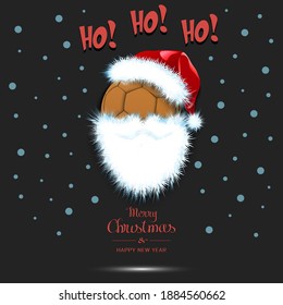 Merry Christmas and Happy New Year. Santa in the form of a handball ball. Handball ball with beard and santa hat. Greeting card design template with for new year. Vector illustration