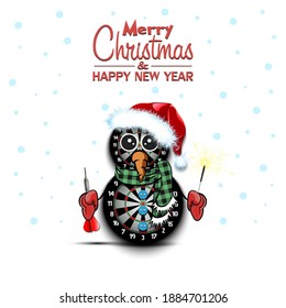 Merry Christmas and happy new year. Snowman from dartboards with broom and sparklers on an isolated background. Design pattern for banner, poster, greeting card, invitation. Vector illustration