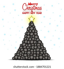 Merry Christmas and Happy New Year. Christmas tree made of dartboards. Snowflakes on the background. Greeting card design template with for new year. Vector illustration