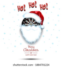 Merry Christmas and Happy New Year. Santa in the form of a dartboard. Dartboard with beard and santa hat. Greeting card design template with for new year. Vector illustration