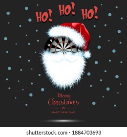 Merry Christmas and Happy New Year. Santa in the form of a dartboard. Dartboard with beard and santa hat. Greeting card design template with for new year. Vector illustration
