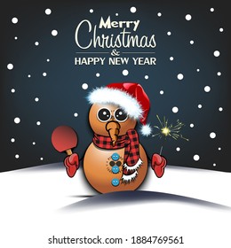 Merry Christmas and happy new year. Snowman from ping-pong balls with broom and sparklers on an isolated background. Design pattern for banner, poster, greeting card, invitation. Vector illustration