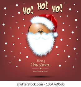 Merry Christmas and Happy New Year. Santa in the form of a ping-pong ball. Ping pong ball with beard and santa hat. Greeting card design template with for new year. Vector illustration