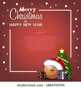 Merry Christmas and Happy New Year. Frame with Ping-pong ball, Christmas tree and gift boxes. Greeting card design template with for new year. Vector illustration