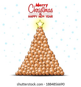 Merry Christmas and Happy New Year. Christmas tree made of ping-pong balls. Snowflakes on the background. Greeting card design template with for new year. Vector illustration