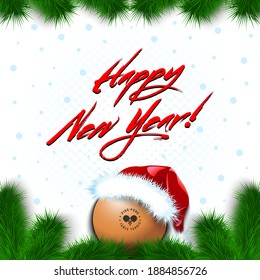 Merry Christmas and Happy New year. Ping-pong ball in a santa hat with branches of a Christmas tree and snowflakes. Greeting card design pattern. Vector illustration