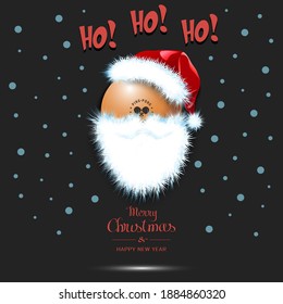 Merry Christmas and Happy New Year. Santa in the form of a ping-pong ball. Ping pong ball with beard and santa hat. Greeting card design template with for new year. Vector illustration