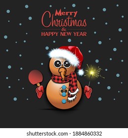 Merry Christmas and happy new year. Snowman from ping-pong balls with broom and sparklers on an isolated background. Design pattern for banner, poster, greeting card, invitation. Vector illustration