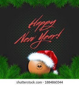 Merry Christmas and Happy New year. Ping-pong ball in a santa hat with branches of a Christmas tree and snowflakes. Greeting card design pattern. Vector illustration