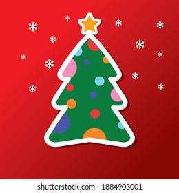 Merry Christmas and Happy New Year time cartoon illustration greeting card with xmas tree on red background