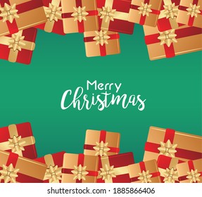 merry christmas and happy new year lettering card with golden gifts frame vector illustration design