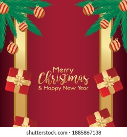 merry christmas and happy new year lettering card with gifts and balls in golden frame vector illustration design