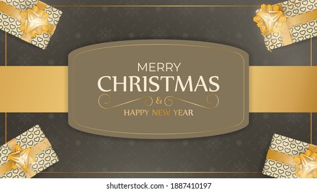 Merry Christmas and Happy New Year banner with brown color. Background with gifts. Vector.