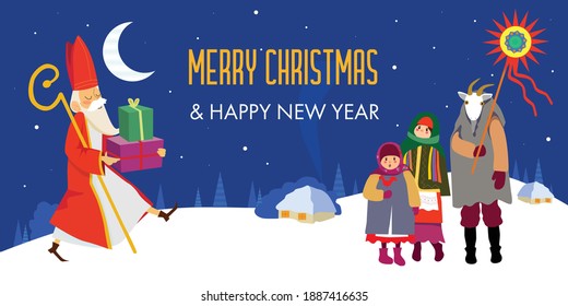 Merry christmas and Happy New Year. Greeting card. Vector illustration. Ukrainian Santa Claus, carolers