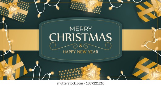 Merry Christmas and Happy New Year banner with green colors. Background with gifts, garlands and light bulbs. Vector.
