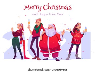 Merry Christmas and Happy New year party celebration. Cheerful people, friends wearing knit sweaters drink champagne around Santa Claus and confetti, 2021 greeting card, cartoon vector illustration