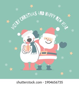 merry christmas and happy new year with cute santa claus and white teddy polar bear, snowflake, star in the winter season green background, flat vector illustration cartoon character costume design