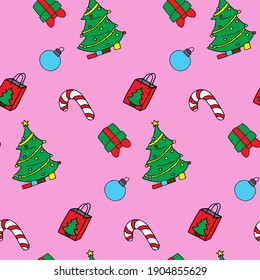 Merry Christmas and Happy New Year vector seamless pattern. Cute illustration in doodle style. Candies, ball, fir tree and gifts. Creative print for clothes, web, greeting cards, gift wrap, design. 