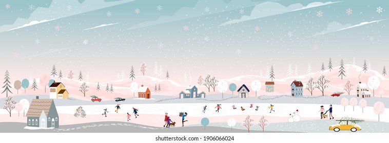 Merry Christmas or Happy New year 2022 greeting card with Winter night wonderland landscape background with people having fun in the city park on new year.Cute Vector banner for kids