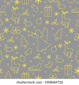 Merry Christmas Happy New Year background. Vector seamless pattern with angel, Santa Claus reindeer, gifts, Christmas sock, bells, hare, Christmas tree, ball, Illuminating and Ultimate Gray.