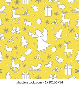 Merry Christmas Happy New Year background. Vector seamless pattern with angel, Santa Claus reindeer, gifts, Christmas sock, bells, hare, Christmas tree, ball, Illuminating and Ultimate Gray.