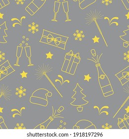 Merry Christmas Happy New Year Vector seamless pattern. Gifts, Santa Claus hat, sparkler, bottle, glasses, Christmas tree, snowflakes. Festive background. Illuminating and Ultimate Gray.