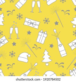 Merry Christmas Happy New Year Vector seamless pattern. Gifts, Santa Claus hat, sparkler, bottle, glasses, Christmas tree, snowflakes. Festive background. Illuminating and Ultimate Gray.