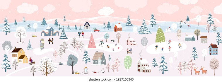 Merry Christmas or Happy New year 2022 greeting card with Winter night wonderland landscape background with people and polar bear having fun in the city park on new year.Cute Vector banner for kids