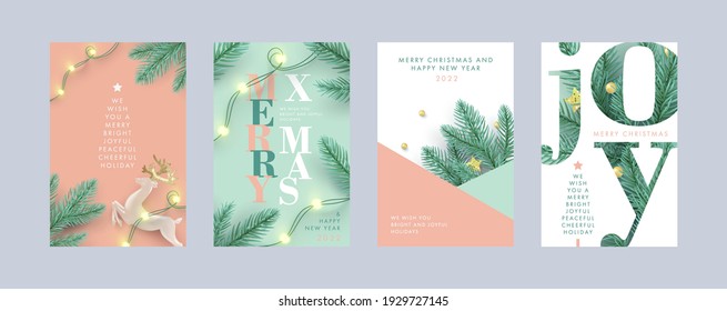 Merry Christmas And Happy New Year Set Of Backgrounds, Greeting Cards, Posters, Holiday Covers. Xmas Design With Realistic Fir Tree Branches, Deer And Garlands Lights In Modern 3d Realistic Style