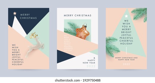 Frohe Weihnachten und glückliches Neujahr Set von Hintergründen, Grußkarten, Plakate, Urlaubskleidung. Design mit realistischen Silvester Weihnachtsbaum Äste, Stern und Rehspielzeug. Weihnachtsfeste Vorlagen