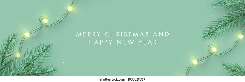 Merry Christmas and Happy New Year banner. Xmas background design with realistic pine tree branches and garland lights. Horizontal poster, greeting card, header for website in modern minimalist style