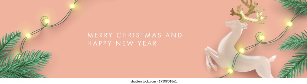 Merry Christmas and Happy New Year banner. Xmas Background design with realistic deer with golden horns, pine tree branches, modern garland lights. Horizontal poster, greeting card, header for website