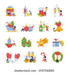 Merry christmas and happy new year set of flat isolated icons with people gifts and drinks vector illustration