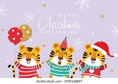 Merry Christmas and happy new year 2022. The year of tiger. Cute animal wear red and green winter costume. Holidays cartoon character. -Vector