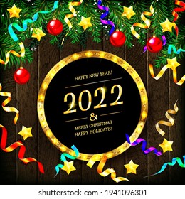Merry Christmas and Happy New Year Vector Composition on Background of Fir Branches. For Greeting Card, Poster and Banner. Gifts, Pine, Gifts, Berries, Wishes. Vector Illustration.