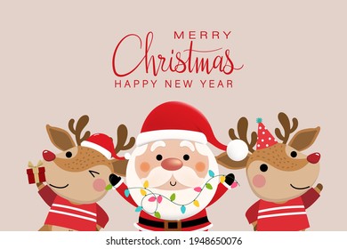 Merry Christmas and happy new year greeting card with cute Santa Claus and deer. Holiday cartoon character in winter season. -Vector